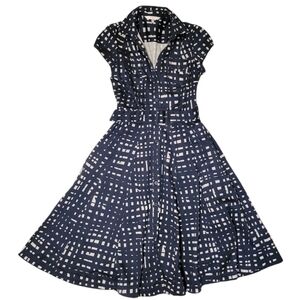 Jasper Conran Painters Check Shirtwaist Dress with Belt Navy Blue White Size 12